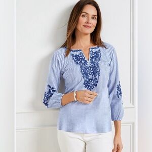 Talbots Blue Striped Embroidered Women's Top